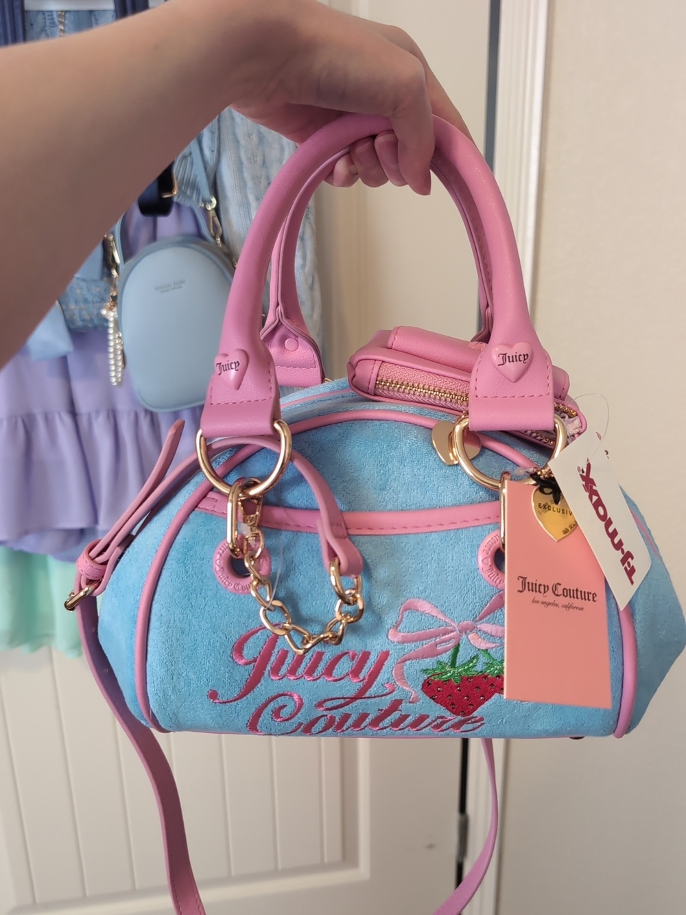 Juicy Couture Blue & Pink Bowler Bag with Strawberry Embroidery